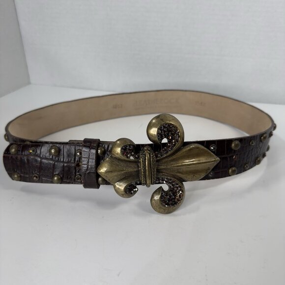 LeatherRock Croc Pattern Leather Belt Rhinestone/Stud Fleur-De-Lis Buckle 32" - Picture 1 of 10